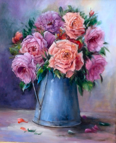 Peinture intitulée "Le pot de roses du…" par Chrispaint-Flowers, Œuvre d'art originale