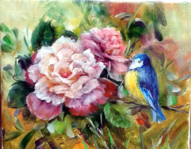 Peinture intitulée "Roses et mésange" par Chrispaint-Flowers, Œuvre d'art originale