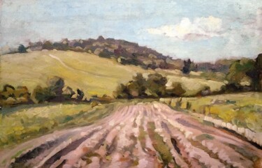 The Plowed Field in a Mountainous Landscape Painting titled "The Plowed Field in…" by Lubomir Tkacik, Original Artwork, Oil