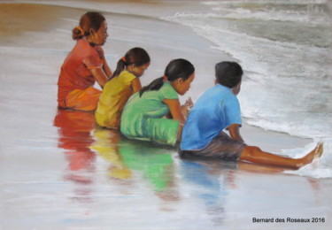 Enfants sur la plage de Mahabalipuram, Tamil Nadu, Inde Σχέδιο με τίτλο "Enfants sur la plag…" από Bernard Des Roseaux, Αυθεντικά έργα τέχνης, Παστέλ