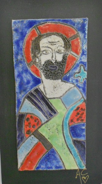 Sculpture titled "saint Philbert" by Armelle Colombier, Original Artwork, Ceramics Mounted on Wood Panel