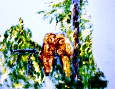 Schilderij getiteld "Great Grey Owls" door Michela Curtis, Origineel Kunstwerk, Olie