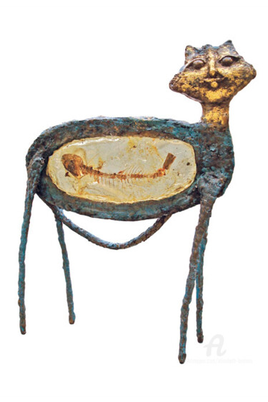 Sculpture intitulée "Chat rassasié" par Elisabeth Brainos, Œuvre d'art originale, Bronze