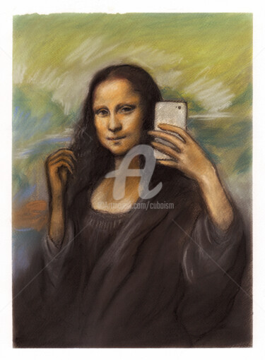 Mona Lisa taking a selfie Digital Arts titled "Mona Lisa taking a…" by Cuboism Art Design Kuboizumuatodezain, Original Artwork, Pastel