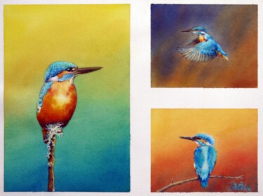 Painting titled "Martin pêcheur" by Mickael Salaun, Original Artwork, Watercolor