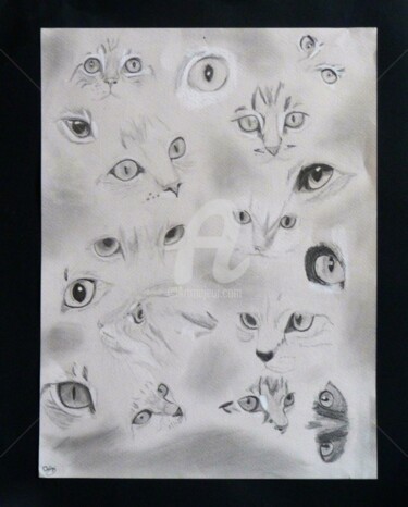 Dessin intitulée "yeux de chat" par Mylène Delpy, Œuvre d'art originale, Crayon