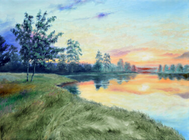 Schilderij getiteld "Summer Evening.." door Sergey Lutsenko, Origineel Kunstwerk, Olie Gemonteerd op Frame voor houten branc…