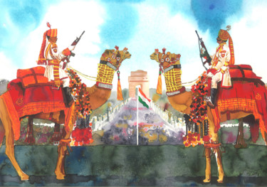 Painting titled "the-beating-retreat…" by Devendra Negi, Original Artwork, Watercolor