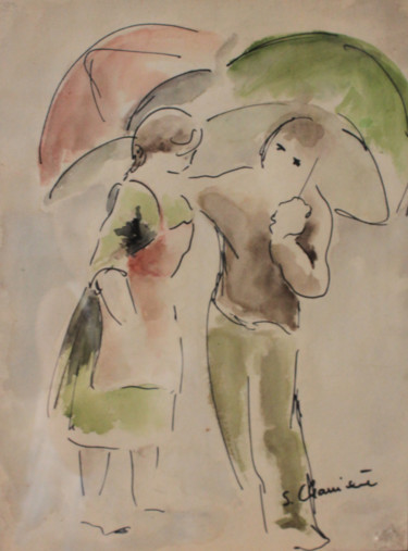 Peinture intitulée "Sous la pluie" par Simone Charriere, Œuvre d'art originale, Aquarelle
