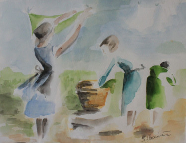 Peinture intitulée "Femmes au linge" par Simone Charriere, Œuvre d'art originale, Aquarelle