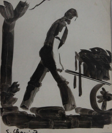 Peinture intitulée "Au boulot" par Simone Charriere, Œuvre d'art originale, Encre