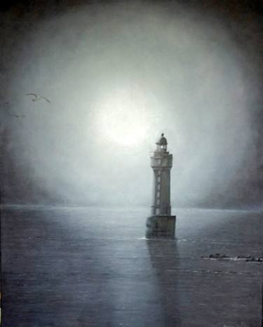 soleil voilé sur le phare de la jument Peinture intitulée "soleil voilé sur le…" par Christian Salaun, Œuvre d'art originale