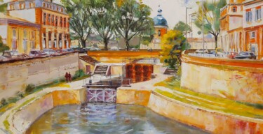 Painting titled "Eau, air, et briques" by Alain Muller, Original Artwork, Oil Mounted on Wood Panel