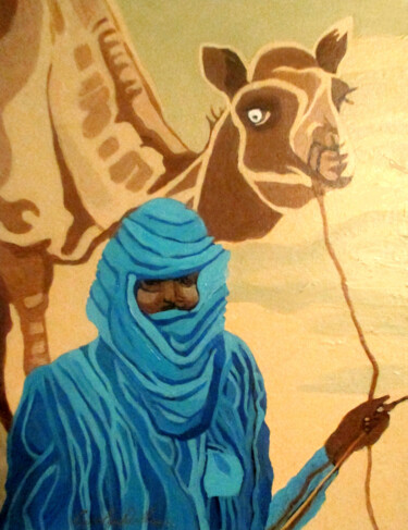 Painting titled "Tuareg Camel Driver" by Carolyn   A. Debnam, Original Artwork, Acrylic Mounted on Wood Stretcher frame