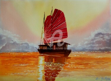 Schilderij getiteld "Jonque sur mer d'hu…" door Anne D'Orion, Origineel Kunstwerk, Aquarel