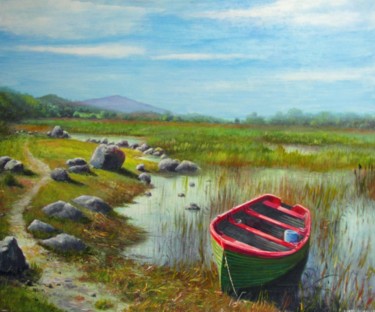 Ζωγραφική με τίτλο "Boat at Pontoon lak…" από David Donnelly, Αυθεντικά έργα τέχνης, Ακρυλικό