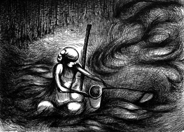 Drawing titled "Woman in Field" by Journeymandesigns, Original Artwork, Ink