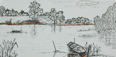 Dessin intitulée "AU FIL DE L'EAU" par Dominique Thivollier, Œuvre d'art originale, Encre
