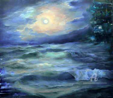 Schilderij getiteld "Moonlight" door Sergey Lutsenko, Origineel Kunstwerk, Olie Gemonteerd op Frame voor houten brancard