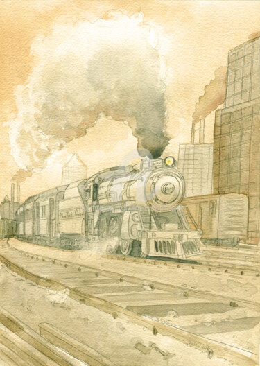 Peinture intitulée "Arrivée à Chicago" par Julien Cachemaille, Œuvre d'art originale, Aquarelle