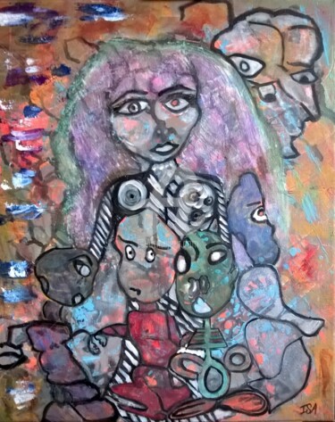 Pourquoi nous regardez-vous comme ça ? Painting titled "Pourquoi nous regar…" by Pinkivioletblue, Original Artwork, Acrylic Mounted on Wood Stretcher frame