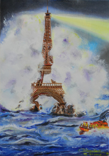 Ζωγραφική με τίτλο "Phare Eiffel" από Christian Leroy Napoli, Αυθεντικά έργα τέχνης, Λάδι Τοποθετήθηκε στο Χαρτόνι