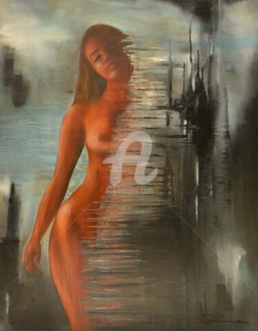 A moitié Peinture intitulée "A moitié" par Corinne Marino, Œuvre d'art originale, Huile