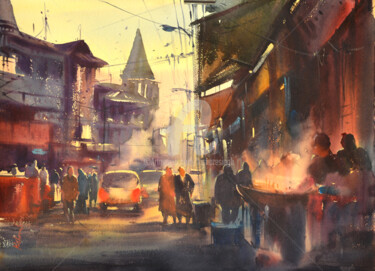 Painting titled "lal-chowk-srinagar.…" by Kishore Singh, Original Artwork, Watercolor