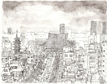 Σχέδιο με τίτλο "vue sur asakusa" από Orlando Marin Lopez, Αυθεντικά έργα τέχνης, Μελάνι