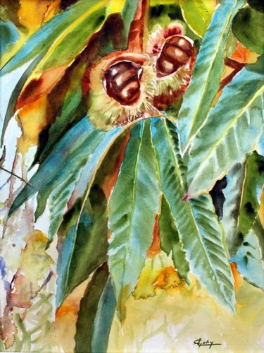 Painting titled "Chataignes" by Adyne Gohy, Original Artwork, Watercolor