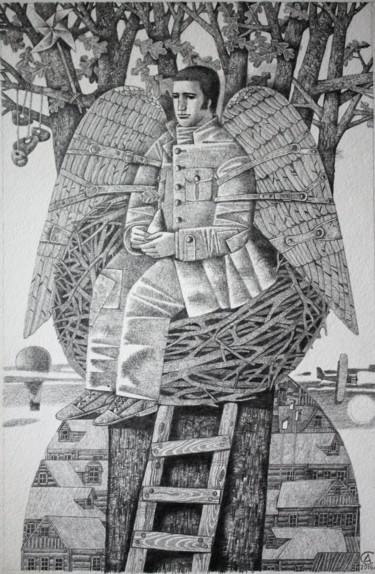 Drawing titled "Man-Bird" by Andrey Simakov, Original Artwork, Ink