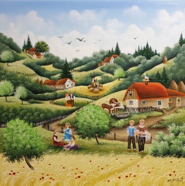 Le champ de ble avec des coquelicots Peinture intitulée "Le champ de ble ave…" par Mariana Mihut, Œuvre d'art originale, Huile