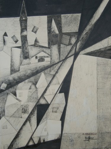 Dessin intitulée "Village et château…" par Patrice Preveirault, Œuvre d'art originale, Encre