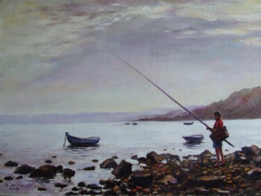 Peinture intitulée "Le pêcheur" par Brigitte With, Œuvre d'art originale, Huile