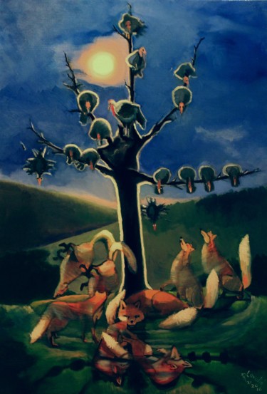 "N°997  Le Renard et…" başlıklı Tablo R. Cavalié tarafından, Orijinal sanat, Diğer Ahşap Sedye çerçevesi üzerine monte edilm…