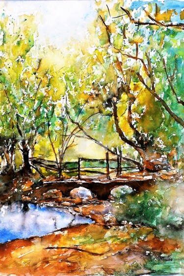 le pont de bois Peinture intitulée "le pont de bois" par Laurent Chabrillat, Œuvre d'art originale, Aquarelle