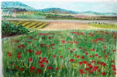Dessin intitulée "Champ-de-coquelicot…" par Marian Cobos, Œuvre d'art originale, Pastel