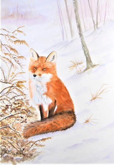 renarde en hiver - aquarelle originale signée Malerei mit dem Titel "renarde en hiver -…" von Patricia Giroldini Hyvernat, Original-Kunstwerk, Aquarell