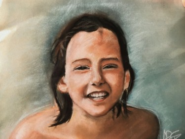 Dessin intitulée "enfant aux rires" par Nathalie De Courrèges, Œuvre d'art originale, Pastel