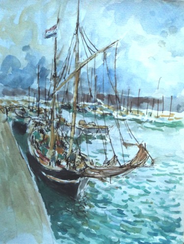 Peinture intitulée "voilier dans le por…" par Claude Hardenne, Œuvre d'art originale