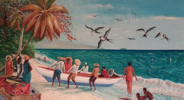 Peinture intitulée "Départ des pécheurs…" par Charles Corbin, Œuvre d'art originale, Huile Monté sur Châssis en bois