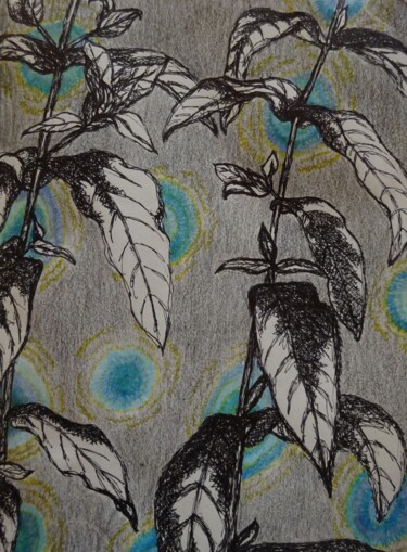 Painting titled "Leaves" by Elke Matthaeus, Original Artwork, Ink