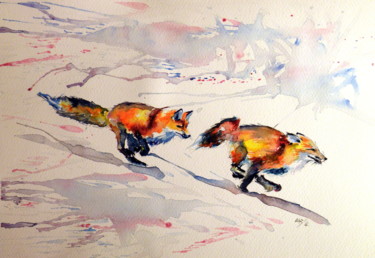 Pittura intitolato "Playing red foxes" da Anna Brigitta Kovacs (KAB), Opera d'arte originale, Acquarello