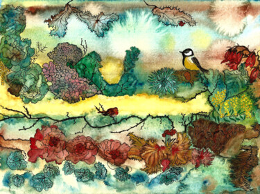 Jardin Peinture intitulée "Jardin" par Annie Décarpes (kirova), Œuvre d'art originale, Encre Monté sur Panneau de bois