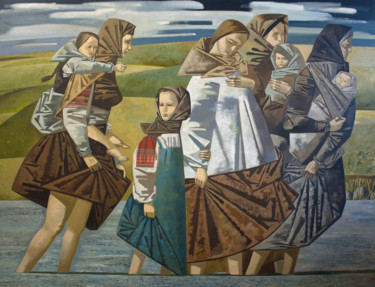 Painting titled "Crossing the river" by Andrey Simakov, Original Artwork, Oil