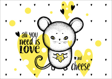 Mouse Love Cheese - Yellow Hearts - Valentines Day Цифровое искусство под названием "Mouse Love Cheese -…" - Cococinema, Подлинное произведение искусства, Цифровая живопись