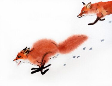 Pittura intitolato "Two Red Foxes Runni…" da Olga Beliaeva, Opera d'arte originale, Acquarello
