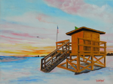 Yellow Lifeguard Stand At Sunset Ζωγραφική με τίτλο "Yellow Lifeguard St…" από Lloyd Dobson, Αυθεντικά έργα τέχνης, Λάδι