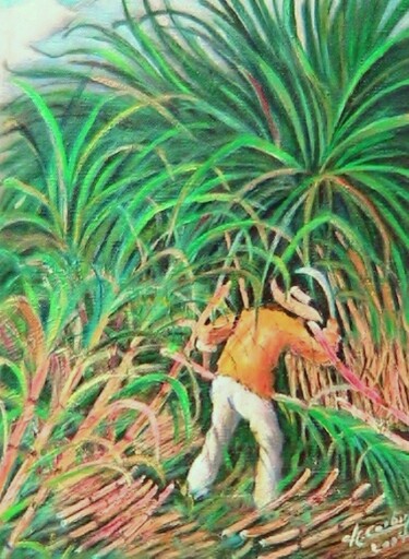 Peinture intitulée "Coupeur de canne à…" par Charles Corbin, Œuvre d'art originale, Huile Monté sur Châssis en bois