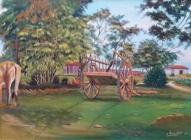 Peinture intitulée "Charrette & Boeufs…" par Charles Corbin, Œuvre d'art originale, Huile